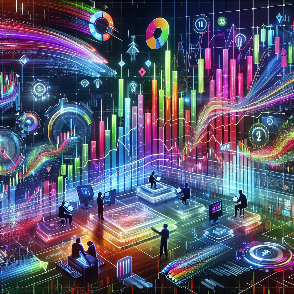 An energetic illustration depicting various scalping techniques in a dynamic trading environment, featuring colorful charts, candlestick patterns, and traders engaged in fast-paced actions.