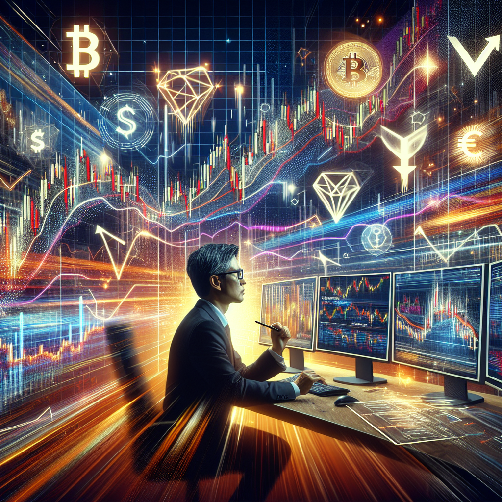 An energetic illustration depicting dynamic Forex and Crypto trading, featuring vivid candlestick charts, vibrant currency symbols, and a trader analyzing multiple screens in a bustling market environment.