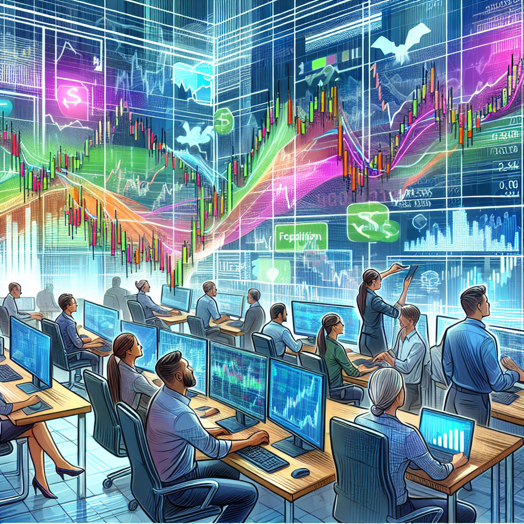 An energetic illustration of a bustling stock market scene, featuring beginner scalpers at trading desks surrounded by vibrant charts and graphs, highlighting common mistakes and strategies for improvement.