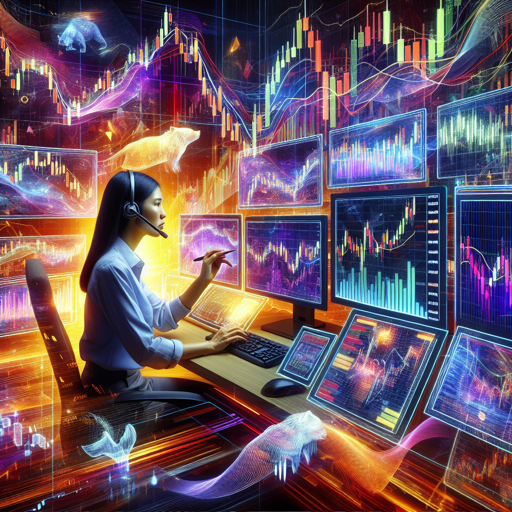 A dynamic and colorful illustration depicting the key elements of a short-term scalping trading strategy, featuring vibrant market graphs, indicators, and a trader in action amidst an energetic trading environment.