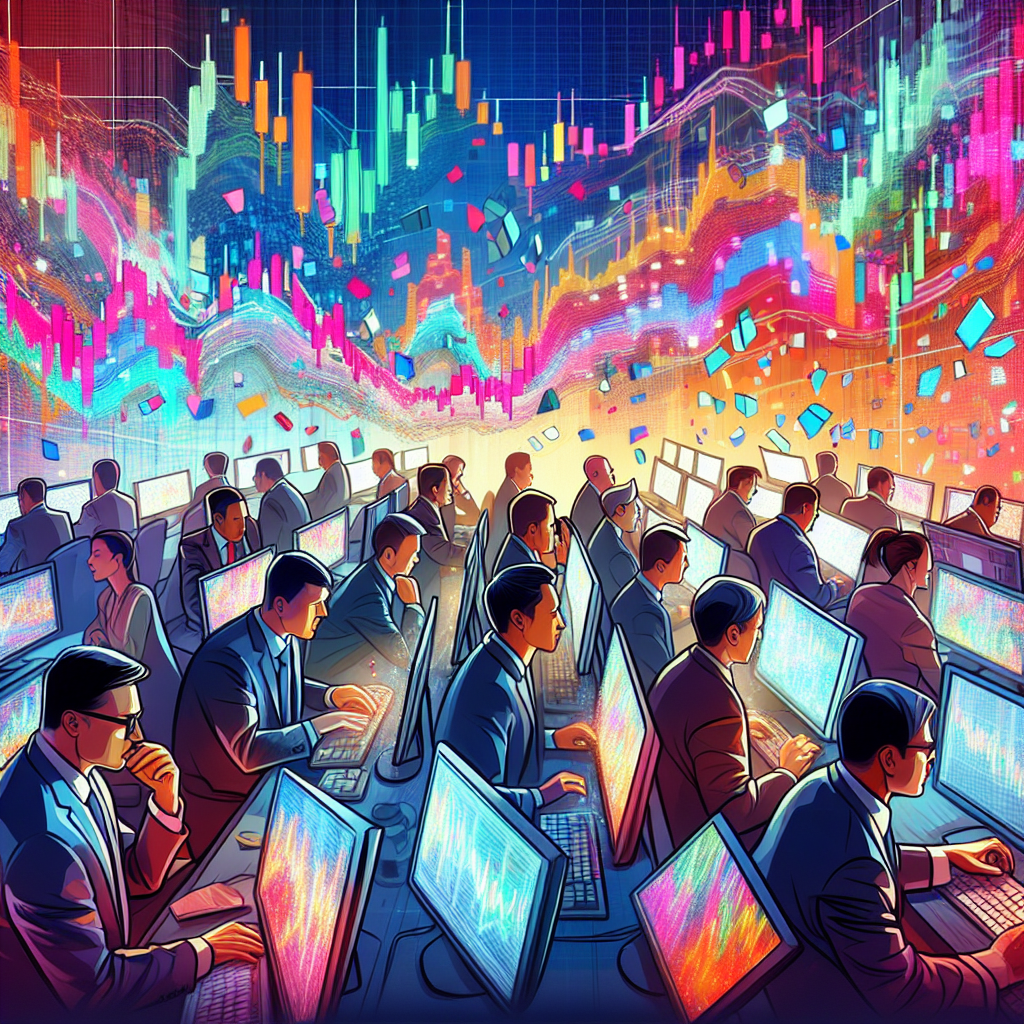 An energetic illustration depicting a dynamic trading environment, with traders analyzing market charts, colorful candlestick patterns, and vibrant market indicators, embodying the concepts of liquidity and scalping strategies.