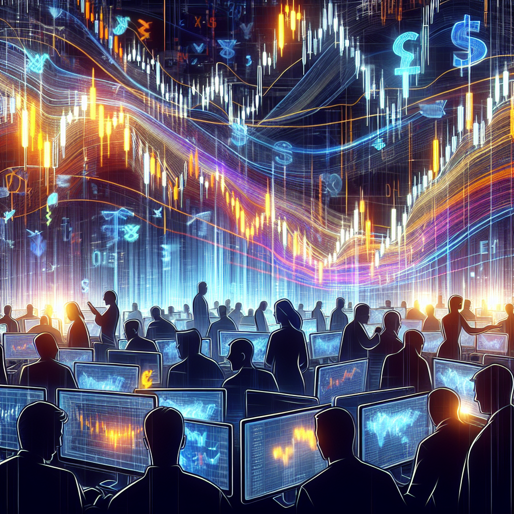 An energetic illustration depicting a bustling forex trading scene, with visual elements showing price charts, currency symbols, and traders engaged in scalping activities, surrounded by vibrant, dynamic graphic effects.