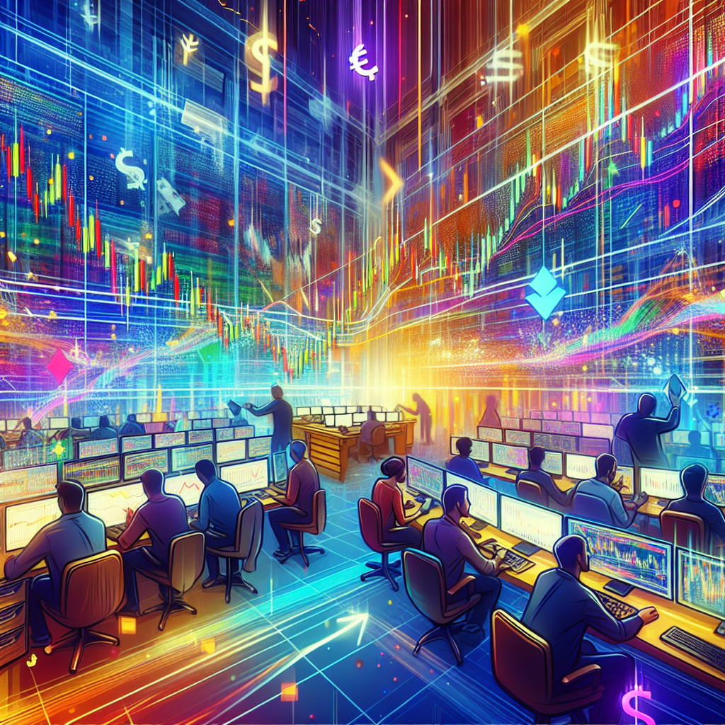 An energetic and vibrant illustration depicting a bustling trading environment with traders analyzing charts and currency symbols, showcasing both Forex and cryptocurrency elements.