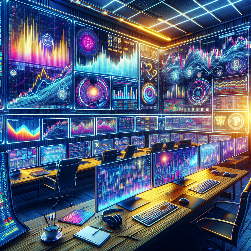 An energetic and vibrant illustration of a modern trading station, showcasing various screens displaying real-time Forex and Crypto charts, with dynamic market data and colorful graphs, surrounded by tools like headphones, notepads, and coffee, encapsulating the essence of scalping success.