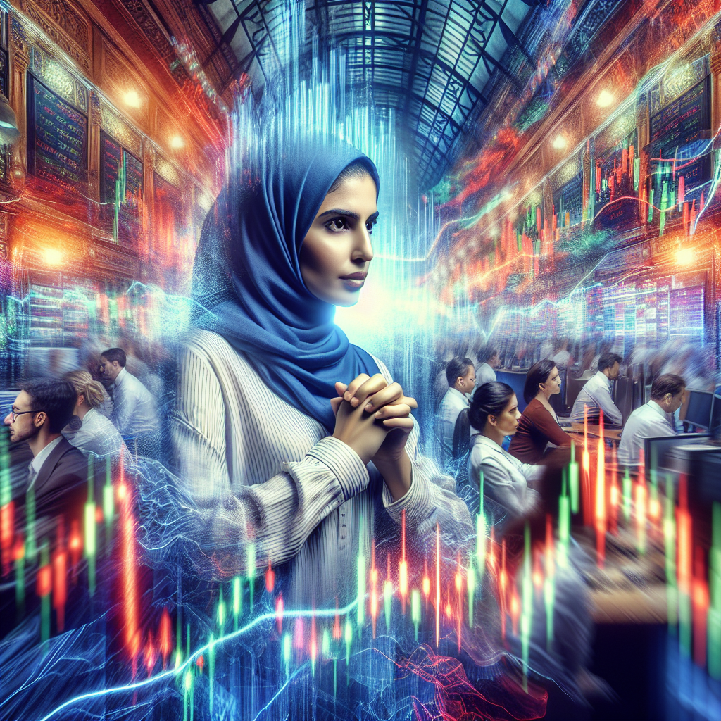 An illustration depicting a trader at a bustling stock exchange, surrounded by bright candlestick charts and dynamic market indicators, embodying focus and calmness amidst chaos.