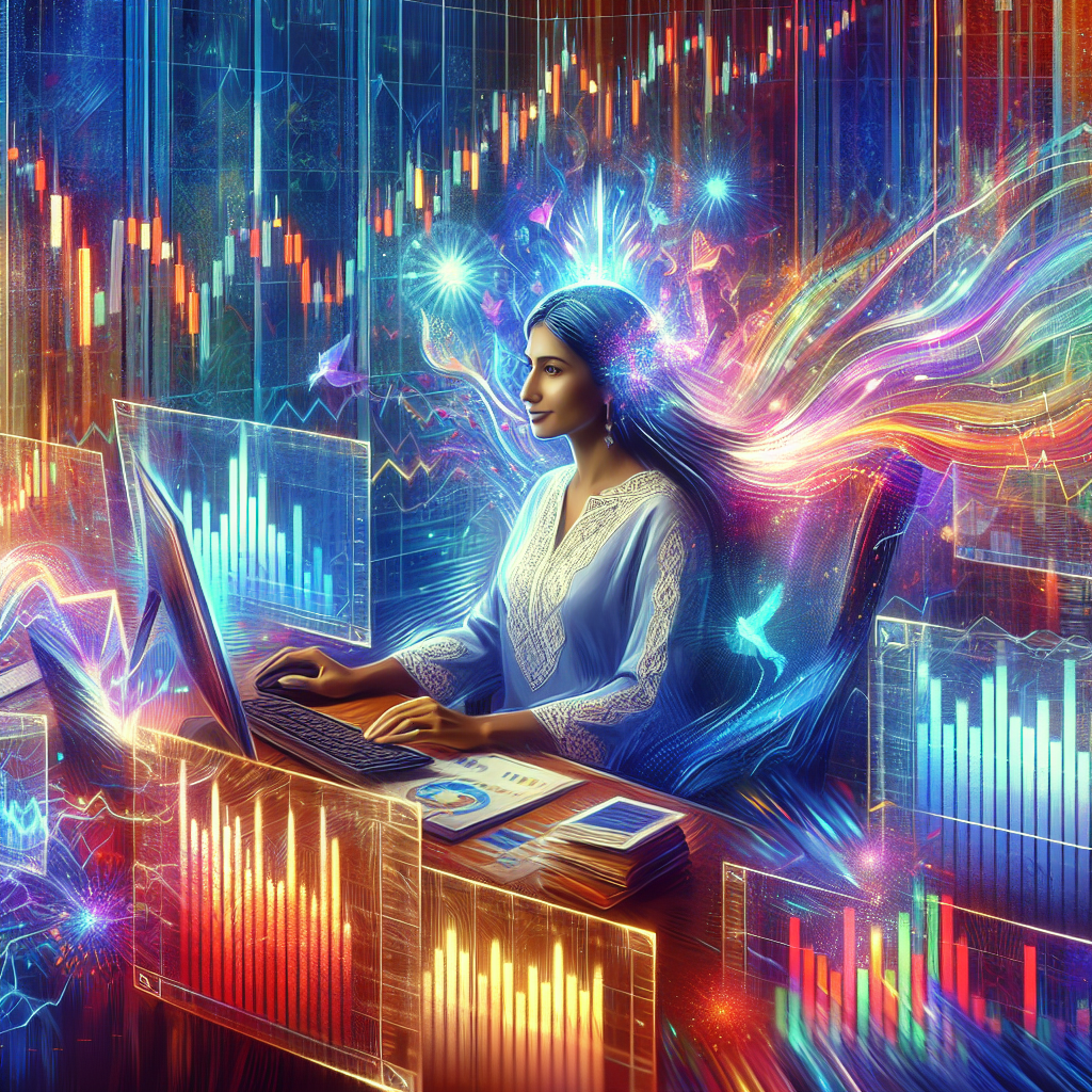 An illustration depicting a calm trader at a desk surrounded by vibrant market charts, emotional symbols, and dynamic colors, emphasizing focus and composure in a hectic trading environment.