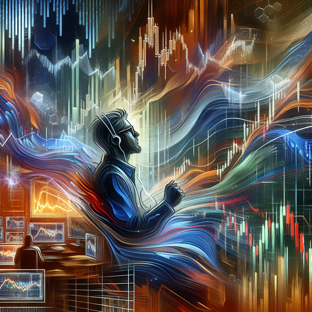 An energetic illustration depicting a trader in a bustling stock market environment, showcasing intense emotions while employing various strategies to manage stress and maintain focus. The scene is filled with vibrant colors and dynamic market charts, symbolizing rapid fluctuations and the trader's resilience.