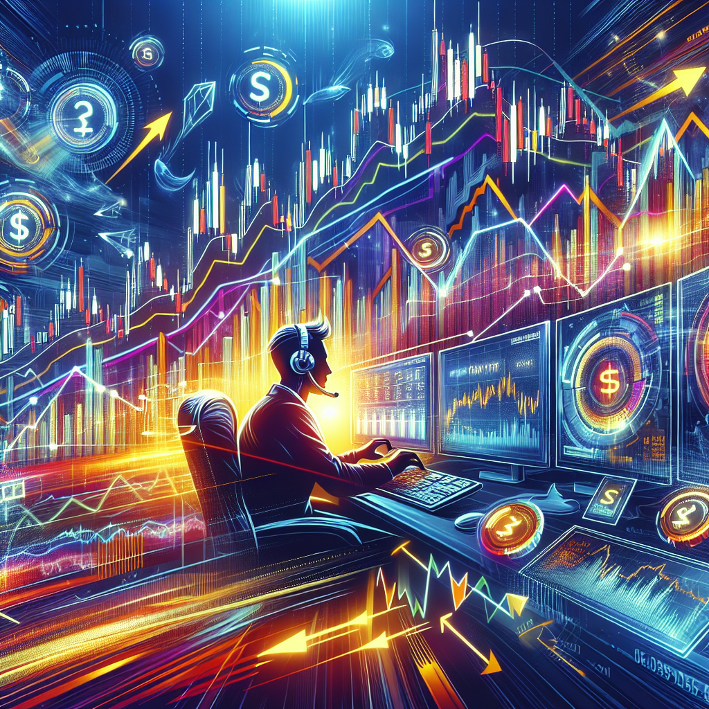 An energetic illustration depicting a dynamic Forex trading scene with vibrant effects, showcasing key scalping techniques through charts, fast-moving currency symbols, and a focused trader analyzing multiple screens.