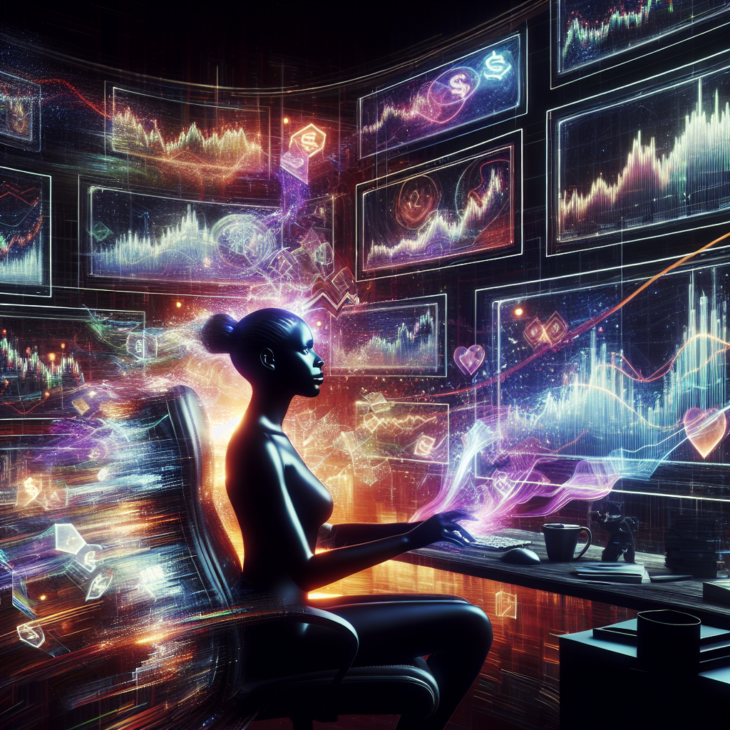 An energetic and vibrant illustration depicting a trader calmly analyzing stock charts amidst swirling market symbols and dynamic colors, symbolizing emotional mastery in scalping.