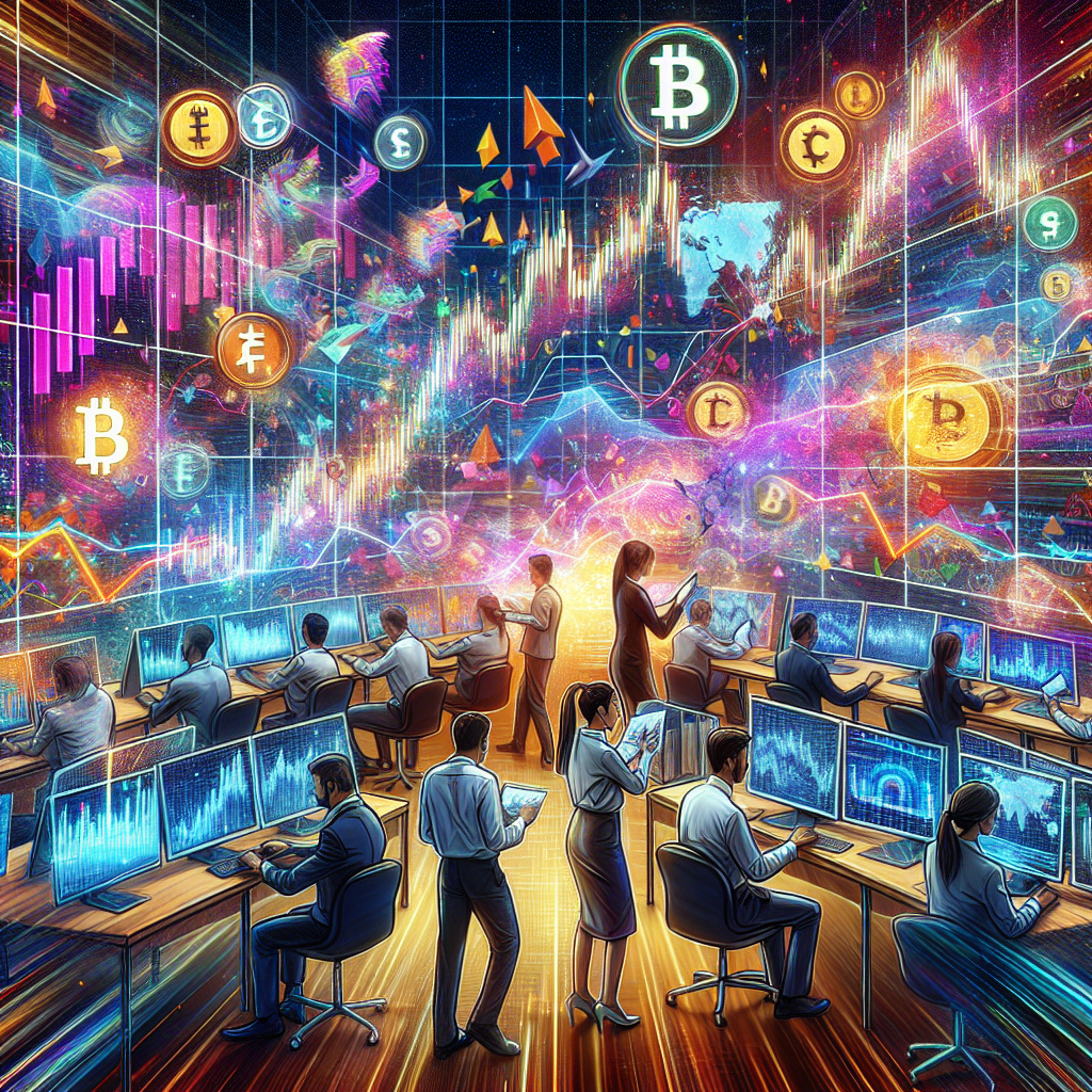 A vibrant and energetic illustration depicting the fast-paced world of forex and crypto trading, showcasing a diverse group of traders analyzing charts and making quick decisions amidst a backdrop of fluctuating market graphs and bold colors representing currency symbols.