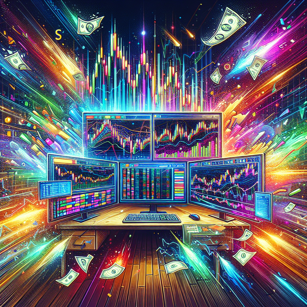 An energetic and vibrant illustration showcasing various scalping tools and platforms for traders, surrounded by dynamic market graphs and colorful financial symbols.