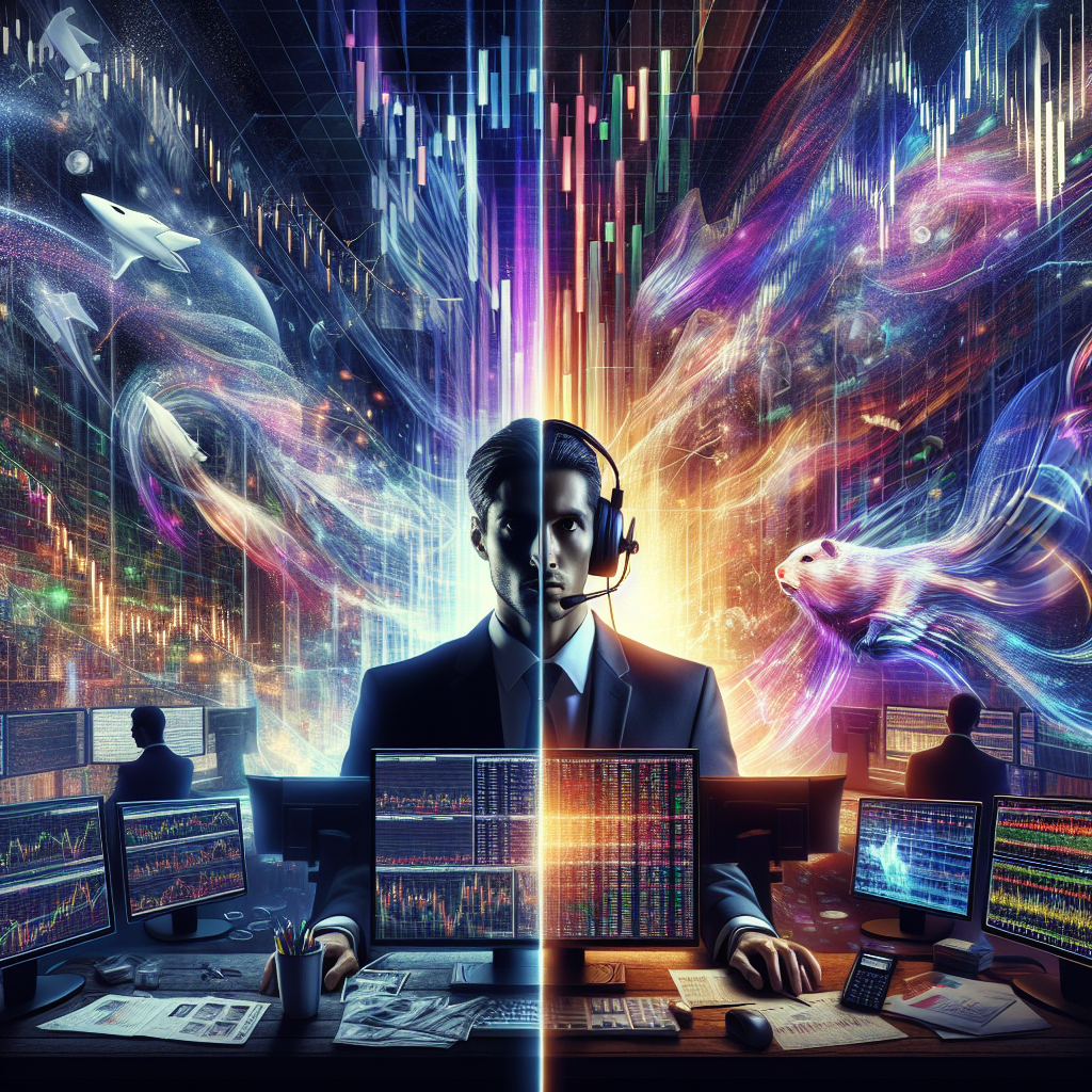 A vibrant and energetic illustration of scalping and day trading, featuring two dynamic scenes with traders in high-stakes environments, surrounded by colorful market data, charts, and fast-moving stock symbols.