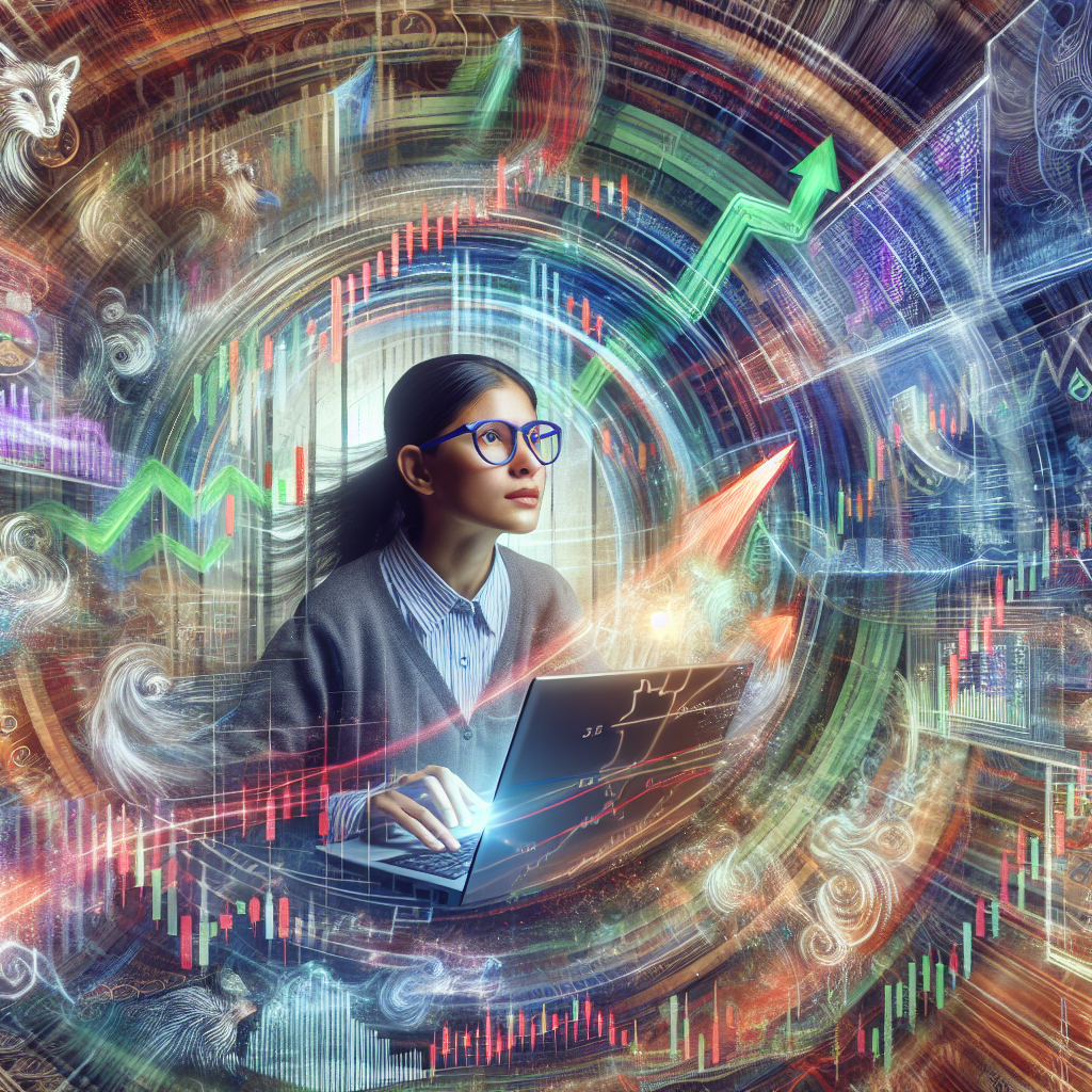 A vibrant and dynamic illustration depicting a beginner trader analyzing short-term trade setups, featuring colorful charts, candlesticks, and market indicators in an energetic trading environment.