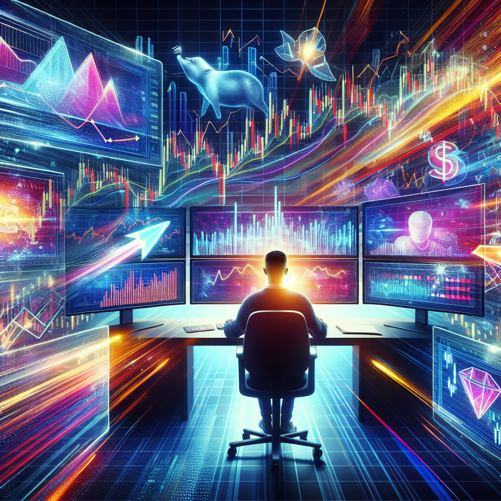 A dynamic and colorful illustration depicting a trader setting up a short-term Forex trade, surrounded by vibrant market graphs and action-packed visuals.