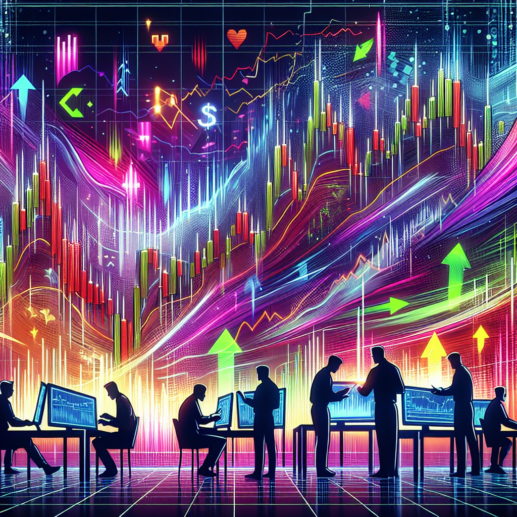 A dynamic illustration showcasing vibrant market charts, candlestick patterns, and energetic trading actions, depicting a bustling trading environment to illustrate the art of short-term trade setups for scalpers.