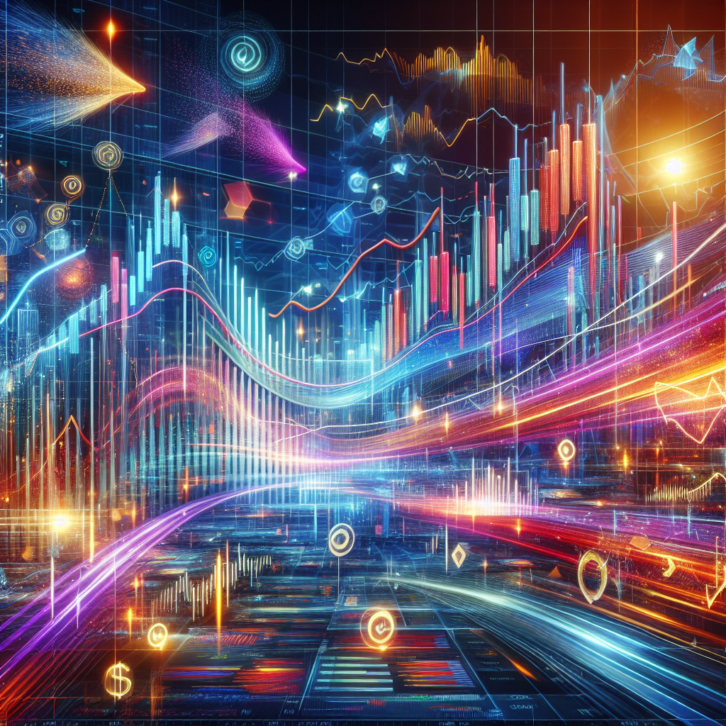 An energetic illustration depicting various trading indicators like candlestick patterns, moving averages, and RSI, surrounded by dynamic market graphs and vibrant colors to symbolize trading efficiency in scalping.