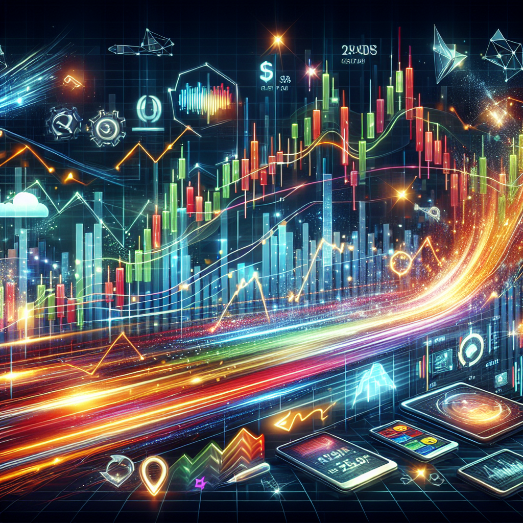 A dynamic illustration of various trading tools and indicators used for scalping, featuring vibrant colors and energetic market actions, including charts, candlesticks, and digital graphics representing trading platforms.