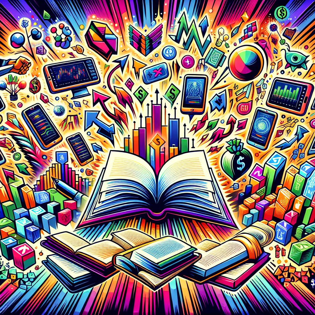 An energetic and dynamic illustration depicting a variety of scalping resources, including books, applications on smartphones, and diverse community symbols, surrounded by vibrant market charts and trading symbols like candlesticks, dollar signs, and arrows.