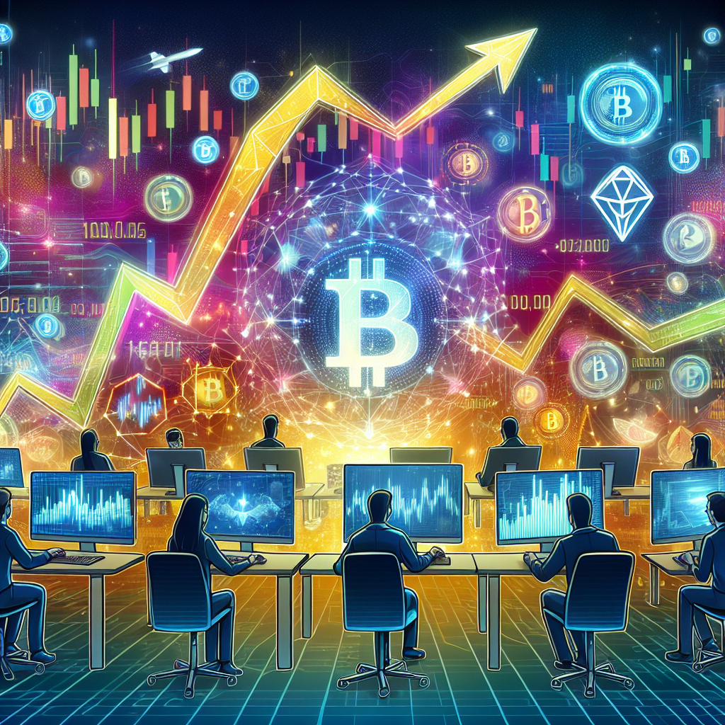 A dynamic illustration showcasing various crypto trading tools and resources, featuring charts, candlesticks, and symbols of cryptocurrencies, all set against an energetic, vibrant market background.