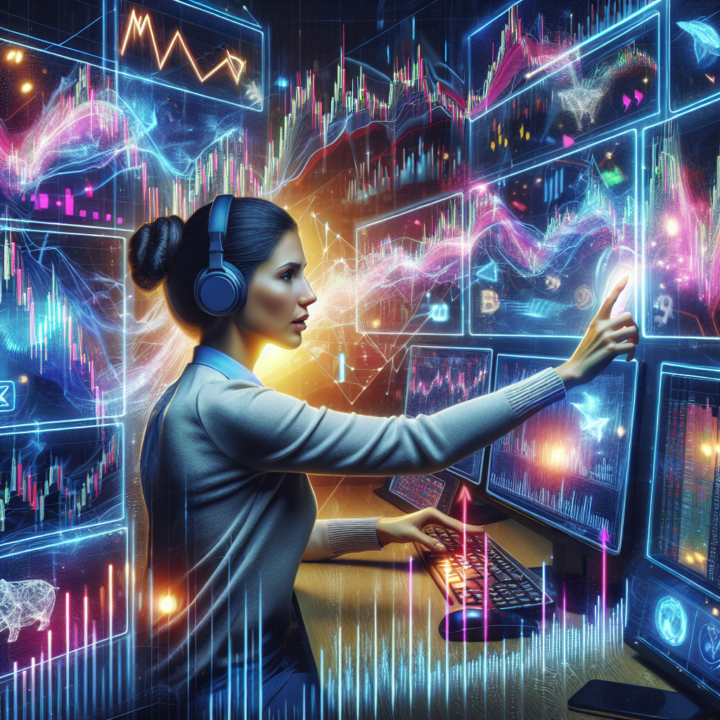 An energetic trading scene depicting a trader intensely focused on multiple screens displaying colorful charts, indicators, and tools related to scalping strategies, set against a backdrop of vibrant market movements.