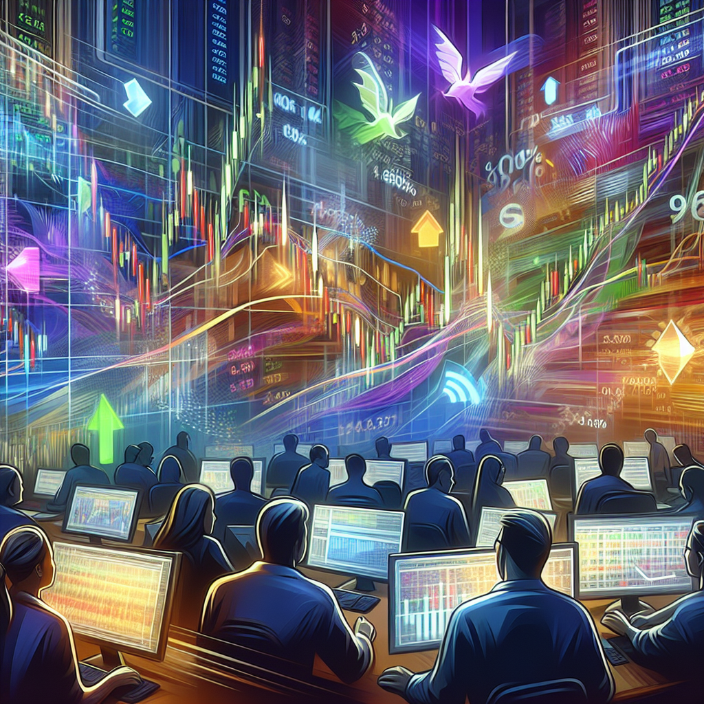 An energetic illustration depicting a vibrant trading scene filled with candlestick charts, indicators, and beginners enthusiastically analyzing market data.