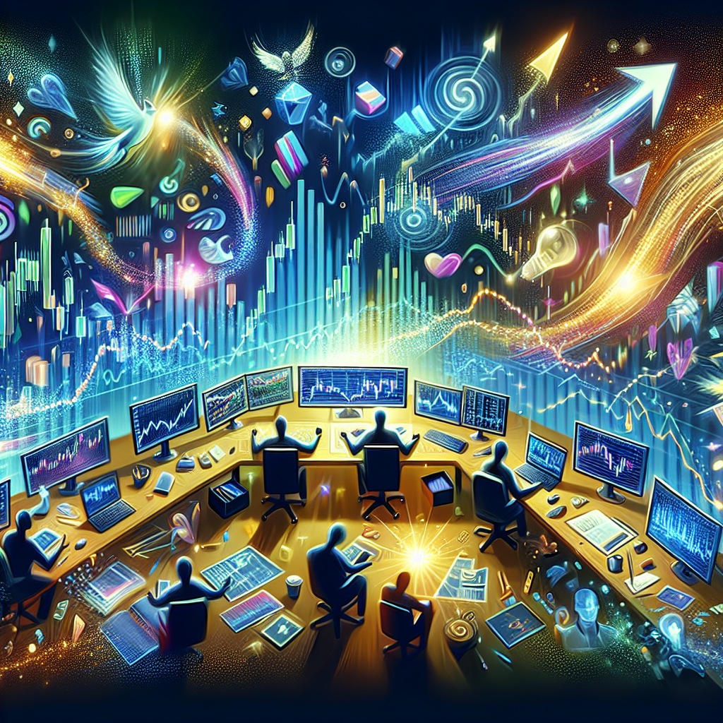 A dynamic and colorful illustration depicting a trading desk filled with various financial indicators, charts, and scalping tools, surrounded by energetic market-action effects that convey the excitement of scalping success.